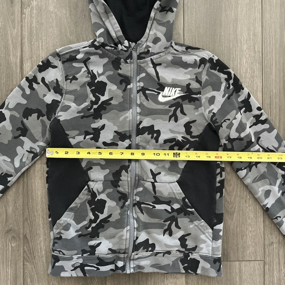 Nike Full Zip Sweatshirt Hoodie Boys L Gray/Black Camo Pockets Fleece Cotton